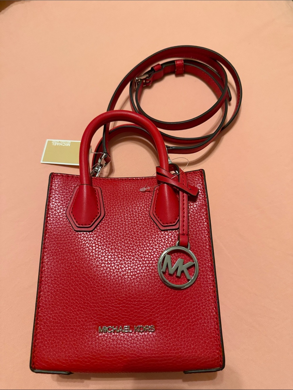 Michael Kors Red Pebbled Mini Tote with MK Charm